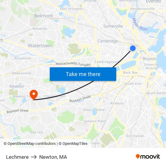 Lechmere to Newton, MA map