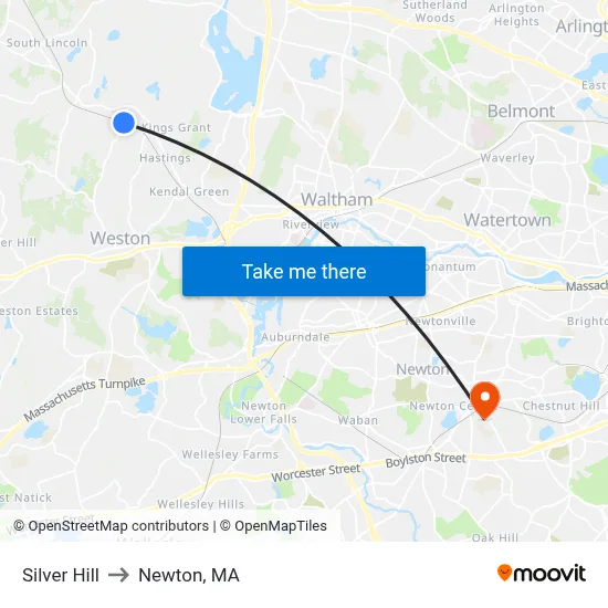 Silver Hill to Newton, MA map