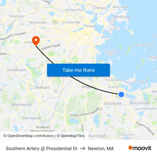 Southern Artery @ Presidential Dr to Newton, MA map