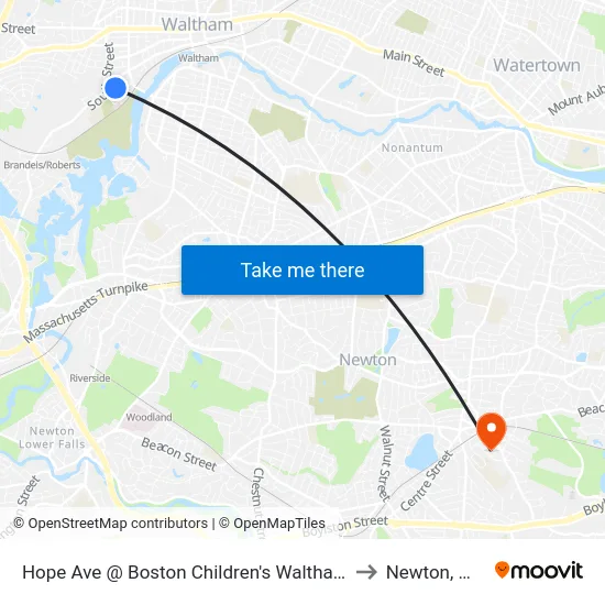 Hope Ave @ Boston Children's Waltham to Newton, MA map