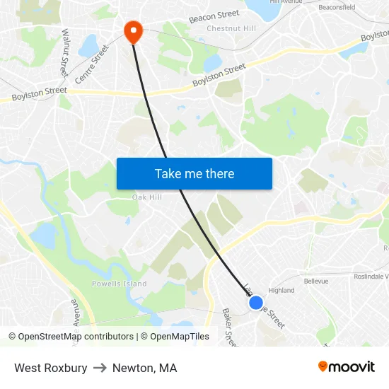 West Roxbury to Newton, MA map