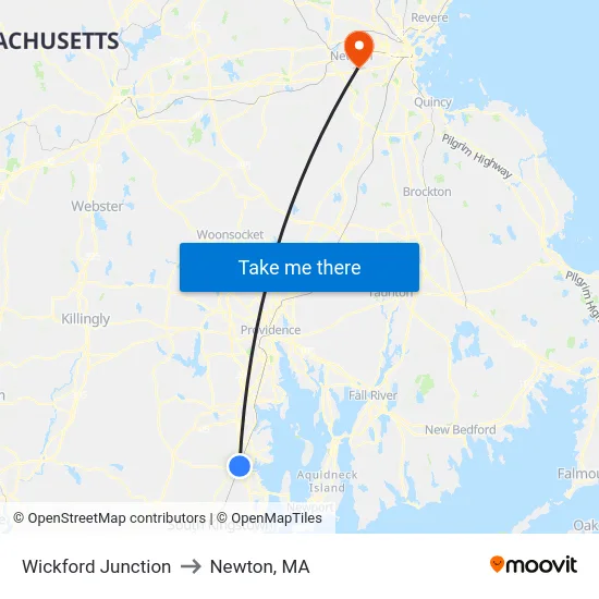 Wickford Junction to Newton, MA map