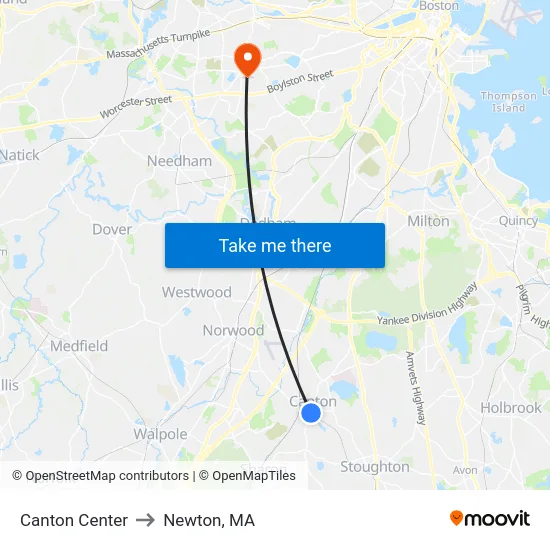 Canton Center to Newton, MA map