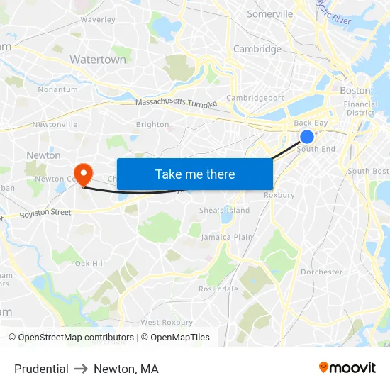Prudential to Newton, MA map