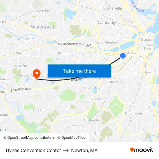 Hynes Convention Center to Newton, MA map