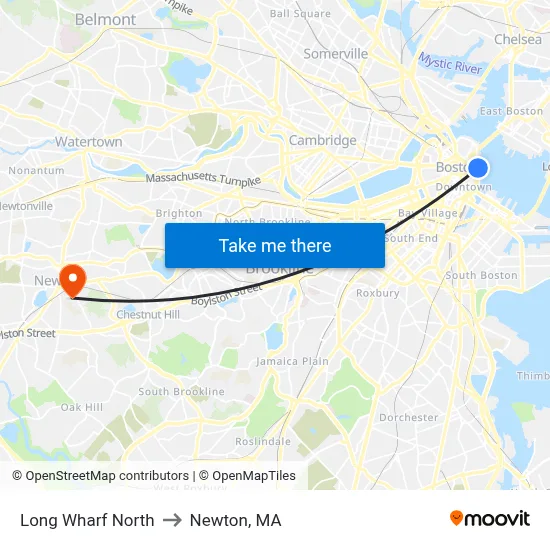 Long Wharf North to Newton, MA map