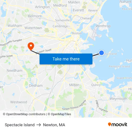 Spectacle Island to Newton, MA map