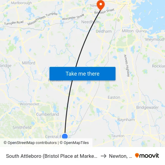 South Attleboro (Bristol Place at Market Basket) to Newton, MA map