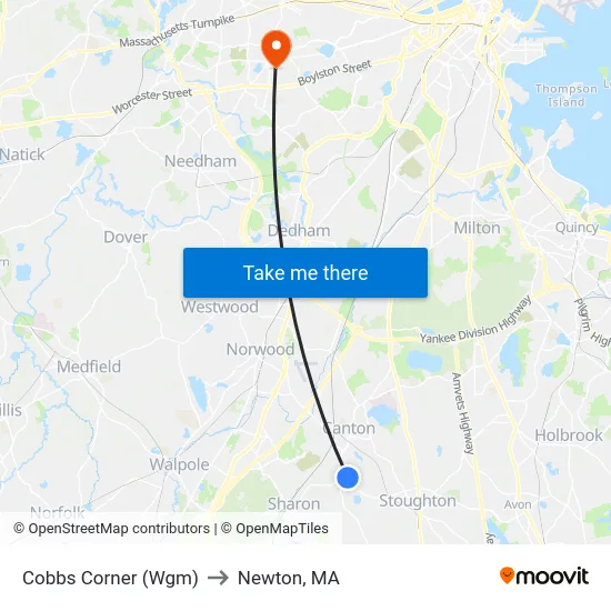 Cobbs Corner (Wgm) to Newton, MA map