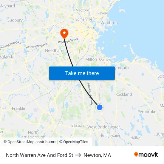 North Warren Ave And Ford St to Newton, MA map