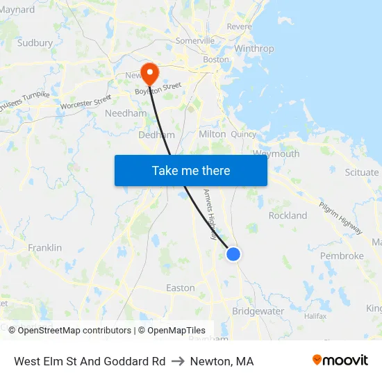 West Elm St And Goddard Rd to Newton, MA map