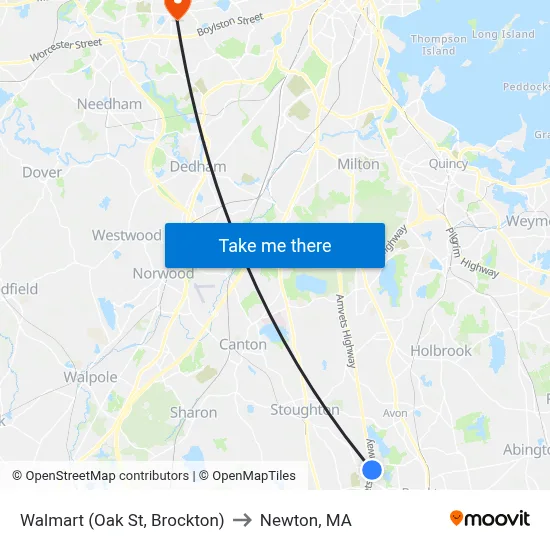 Walmart (Oak St, Brockton) to Newton, MA map