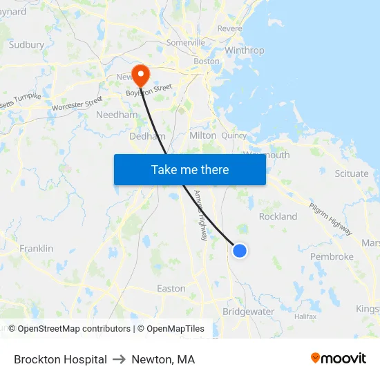 Brockton Hospital to Newton, MA map