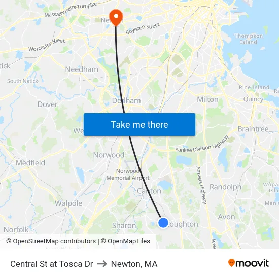 Central St at Tosca Dr to Newton, MA map