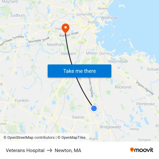Veterans Hospital to Newton, MA map