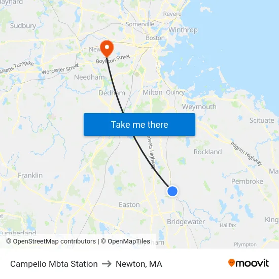 Campello Mbta Station to Newton, MA map