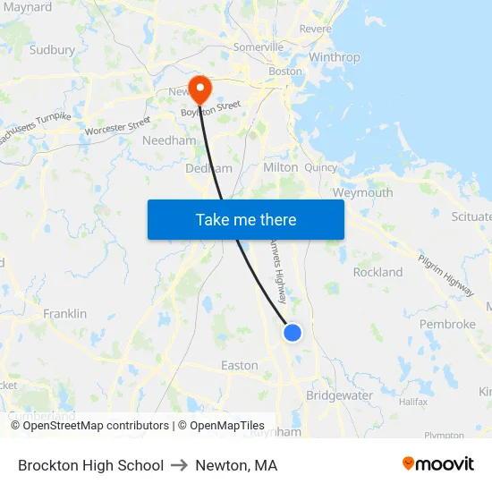Brockton High School to Newton, MA map