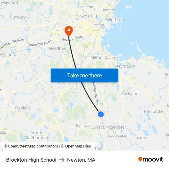 Brockton High School to Newton, MA map