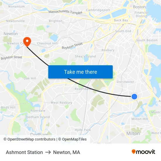 Ashmont Station to Newton, MA map
