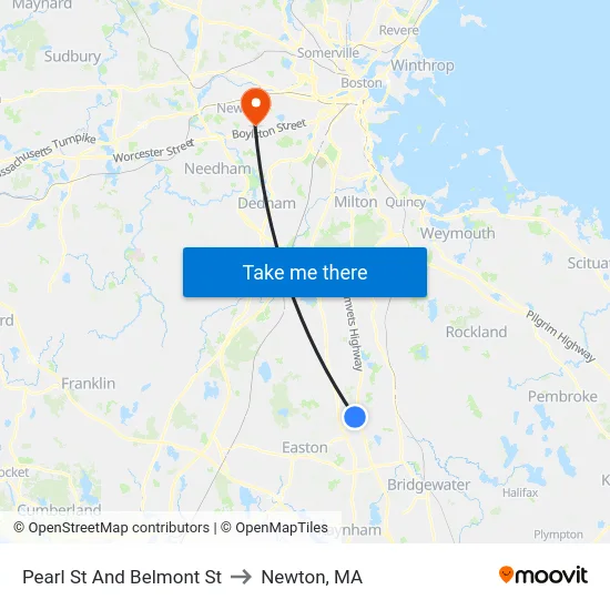 Pearl St And Belmont St to Newton, MA map