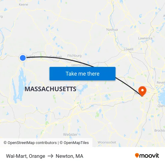 Wal-Mart, Orange to Newton, MA map