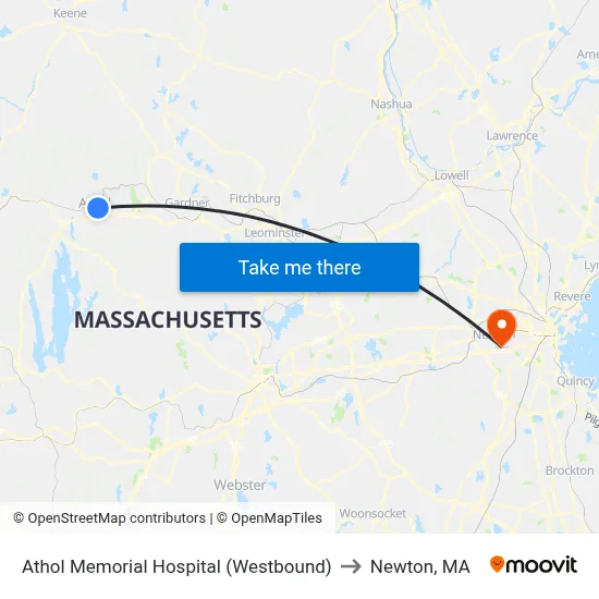 Athol Memorial Hospital (Westbound) to Newton, MA map