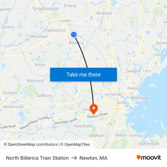 North Billerica Train Station to Newton, MA map