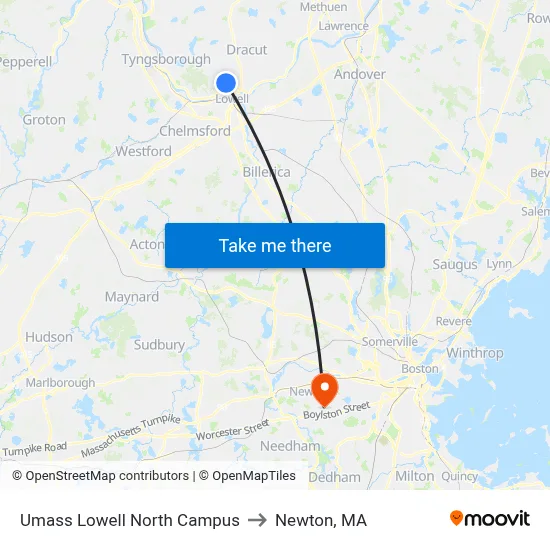 Umass Lowell North Campus to Newton, MA map