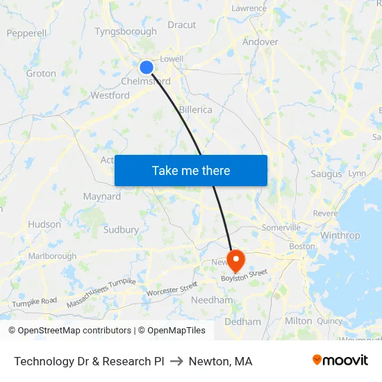 Technology Dr & Research Pl to Newton, MA map
