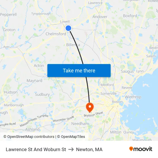 Lawrence St And Woburn St to Newton, MA map