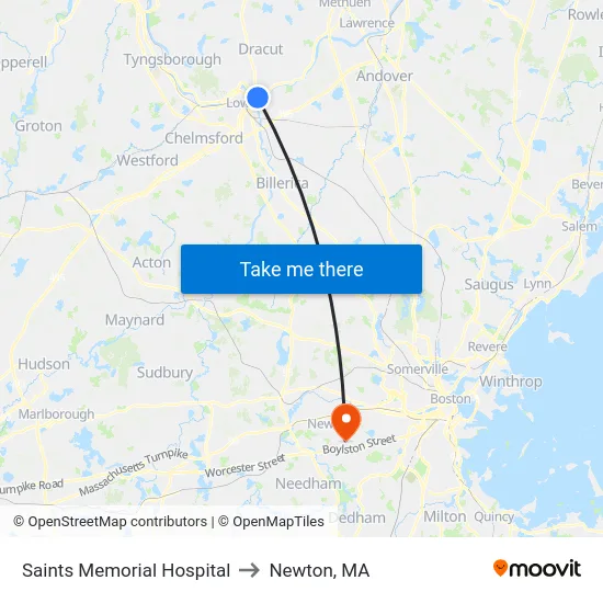 Saints Memorial Hospital to Newton, MA map