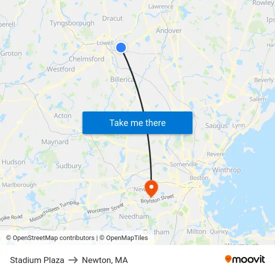 Stadium Plaza to Newton, MA map