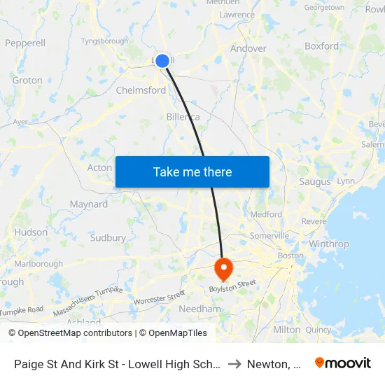 Paige St And Kirk St - Lowell High School to Newton, MA map