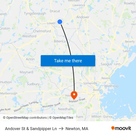 Andover St & Sandpipper Ln to Newton, MA map
