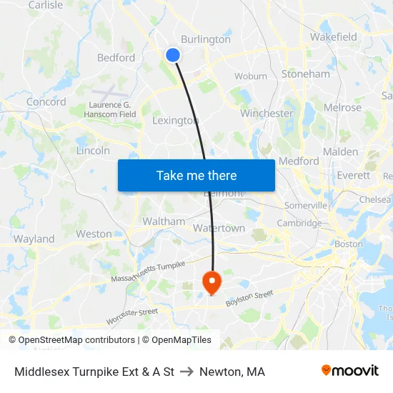 Middlesex Turnpike Ext & A St to Newton, MA map