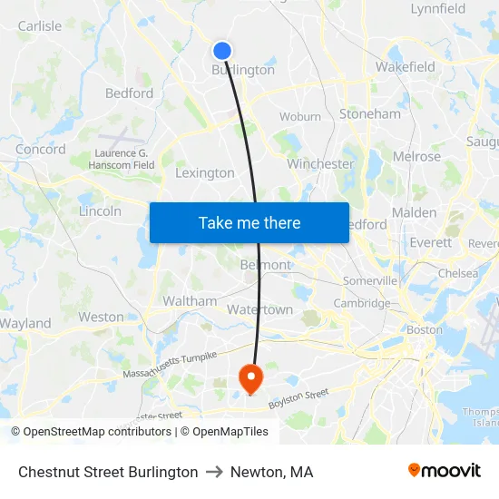 Chestnut Street Burlington to Newton, MA map