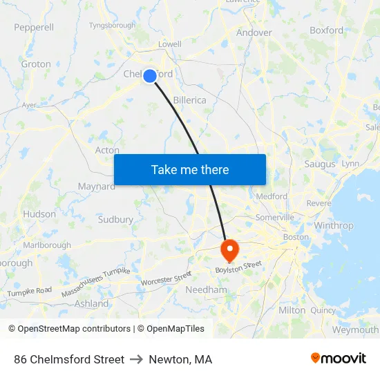 86 Chelmsford Street to Newton, MA map