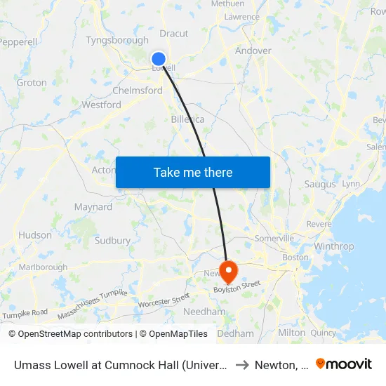 Umass Lowell at Cumnock Hall (University Ave) to Newton, MA map