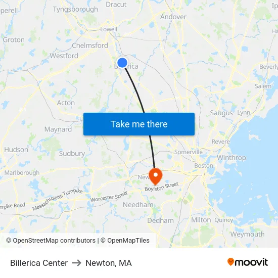 Billerica Center to Newton, MA map