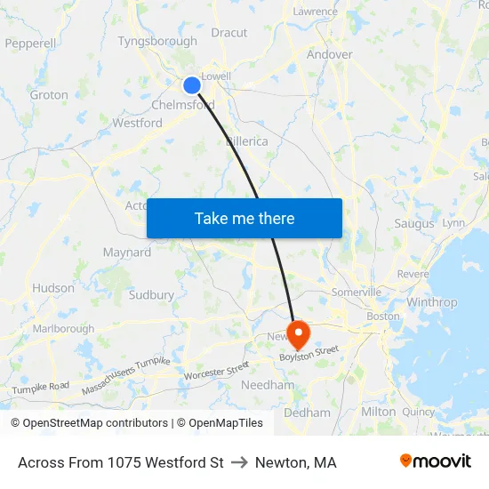 Across From 1075 Westford St to Newton, MA map