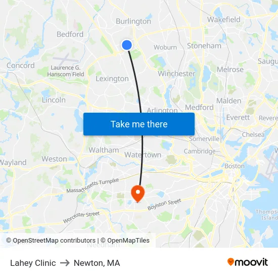 Lahey Clinic to Newton, MA map