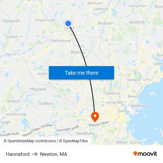 Hannaford to Newton, MA map
