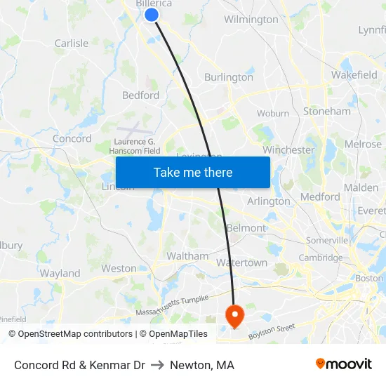 Concord Rd & Kenmar Dr to Newton, MA map