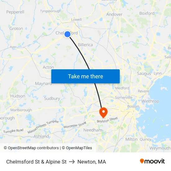 Chelmsford St & Alpine St to Newton, MA map