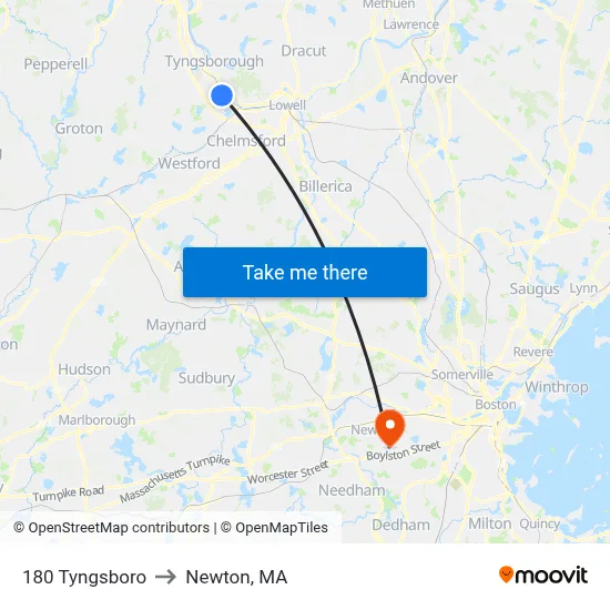 180 Tyngsboro to Newton, MA map