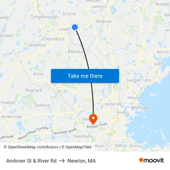 Andover St & River Rd to Newton, MA map