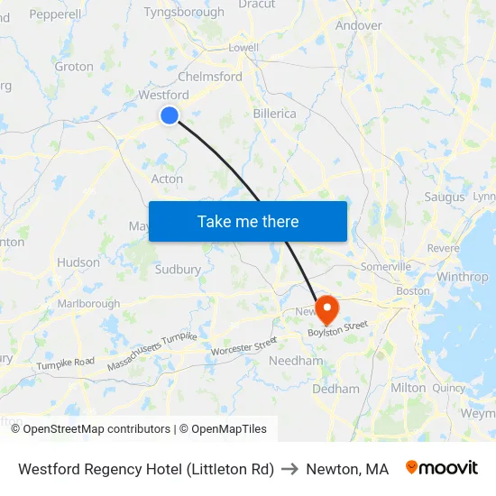 Westford Regency Hotel (Littleton Rd) to Newton, MA map