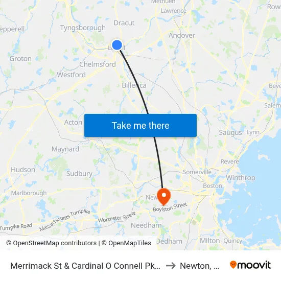Merrimack St & Cardinal O Connell Pkwy to Newton, MA map