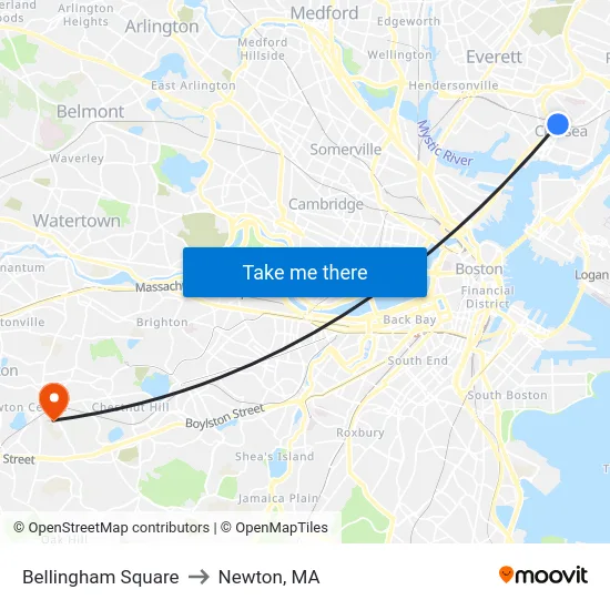 Bellingham Square to Newton, MA map