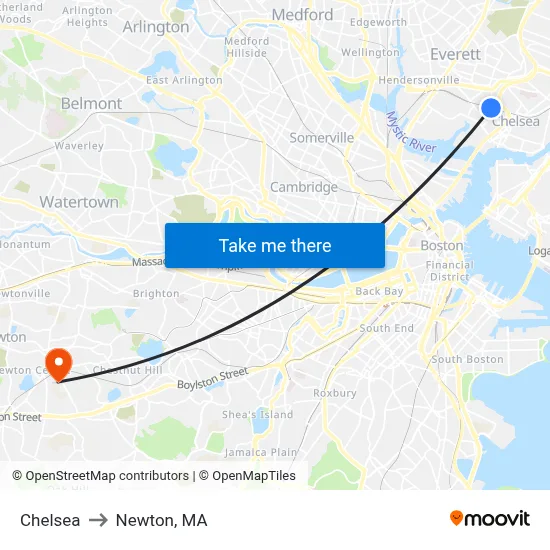 Chelsea to Newton, MA map